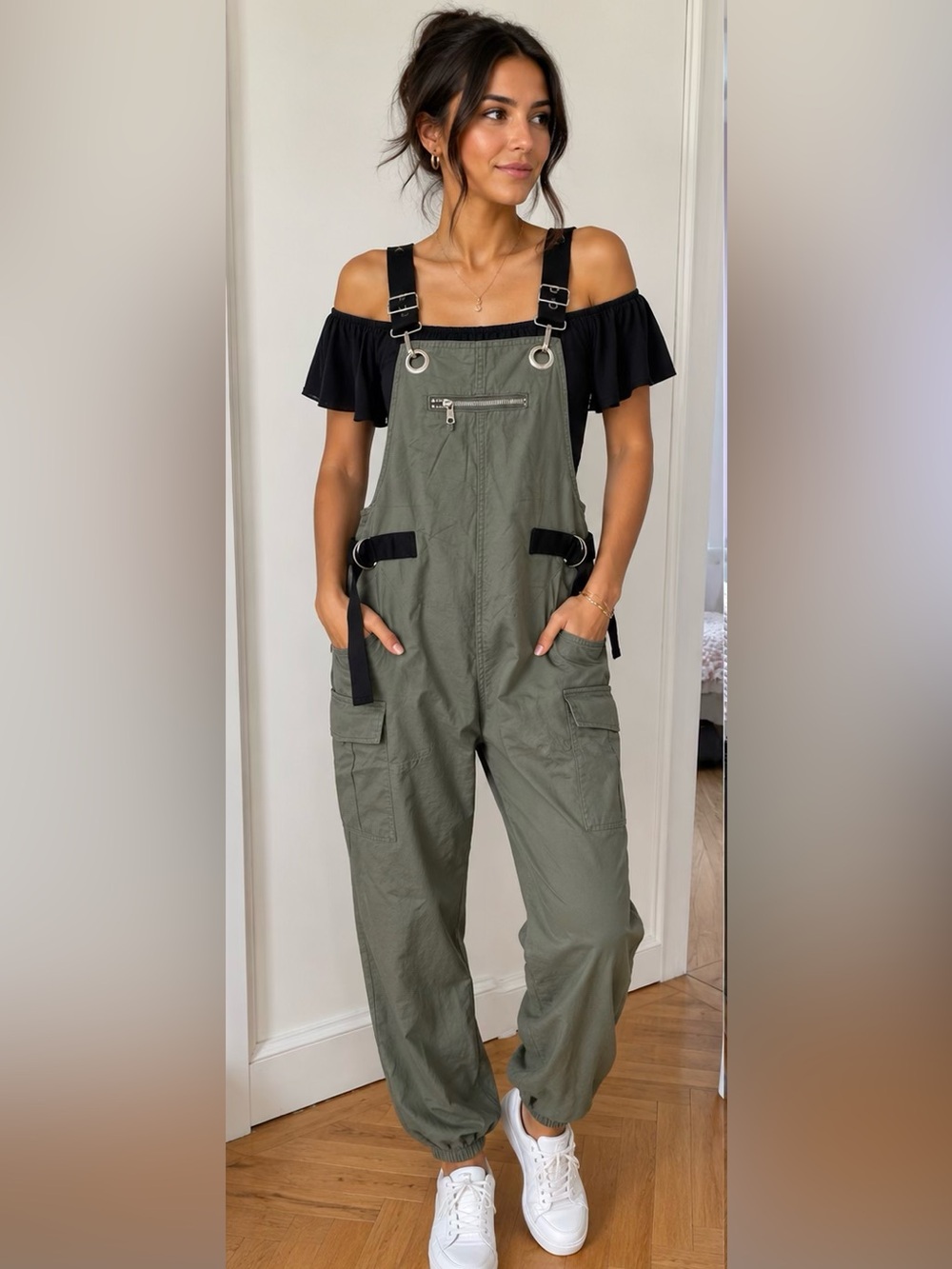 Forever 21 Olive Green Utility Overalls with Black Straps Size Small NWT